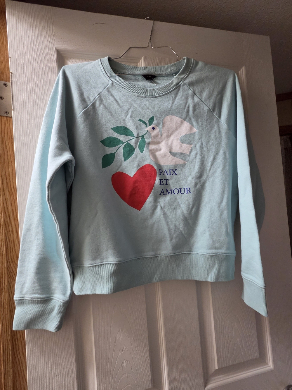 J. Crew Light Blue Crewneck Sweatshirt with Dove, Heart & Olive Graphic
